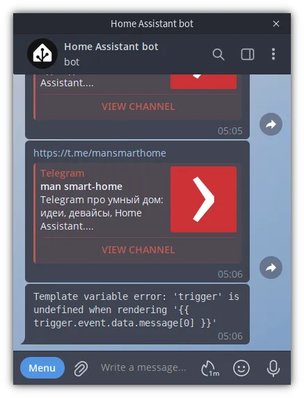 Telegram, в котором отображается сообщение об ошибке Home Assistant